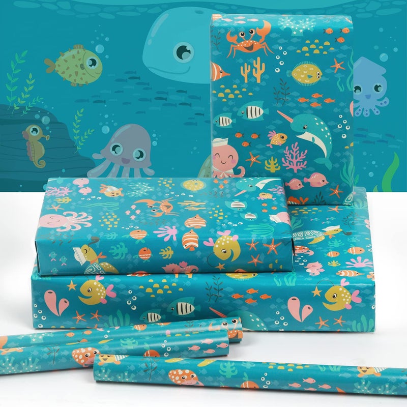 NEPOG Ocean Themed Birthday Wrapping Paper for Kids Girls Boys  6 Sheets Under the Water Animal Coastal Design Gift Paper  20 x 28 inch Per Sheet Folded Flat Birthday Paper for Birthday Baby Shower - Image 3